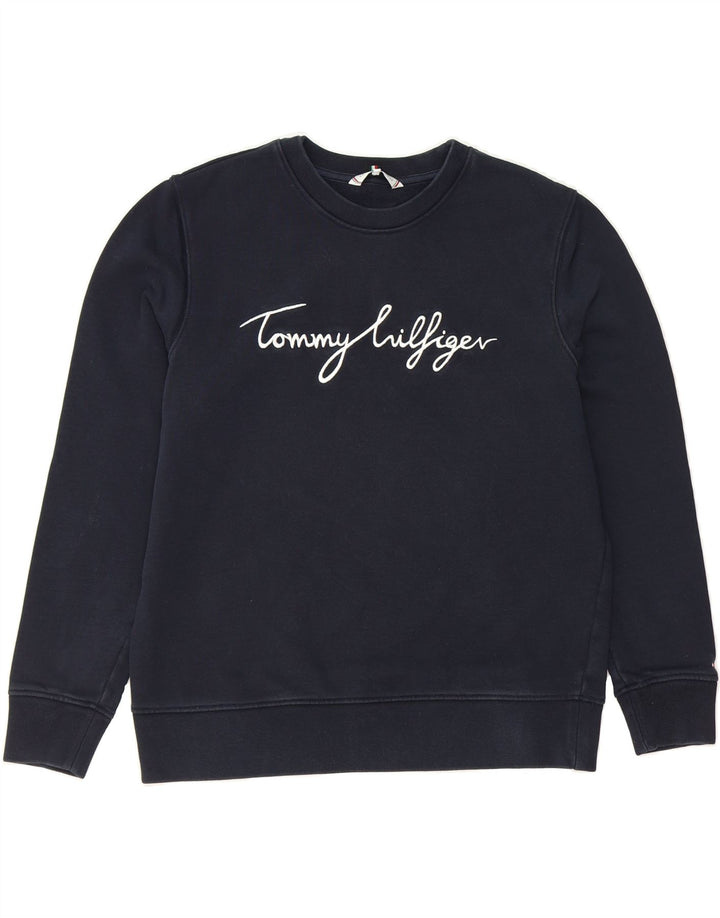 TOMMY HILFIGER Womens Oversized Sweatshirt Jumper UK 10 Small Navy Blue Vintage Tommy Hilfiger and Second-Hand Tommy Hilfiger from Messina Hembry 