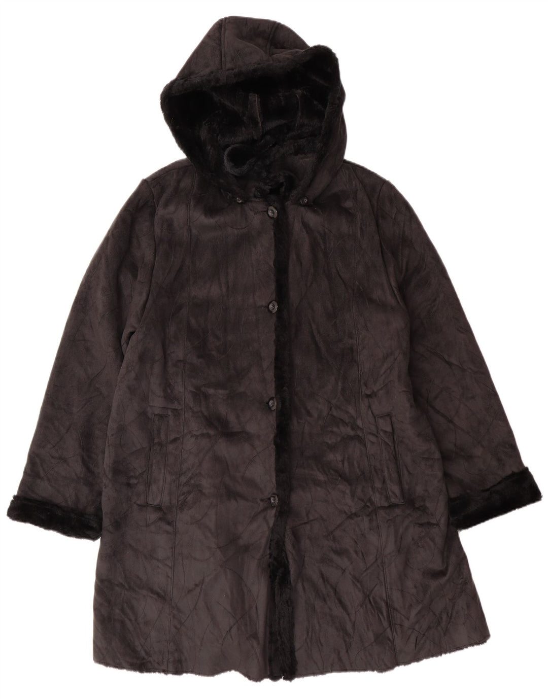 Vintage Sherpa-overfrakke med hætte til kvinder UK 16 Stor sort polyester