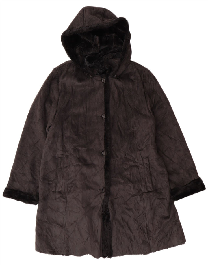 Vintage Sherpa-overfrakke med hætte til kvinder UK 16 Stor sort polyester