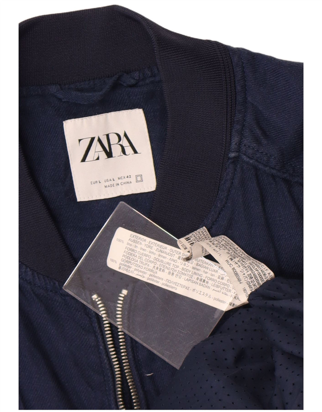 Zara Mens Bomber Jacket UK 40 Large Navy Blue Linen
