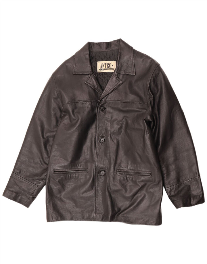 antros Mens 3 Button Leather Blazer Jacket UK 40 Large Black Leather