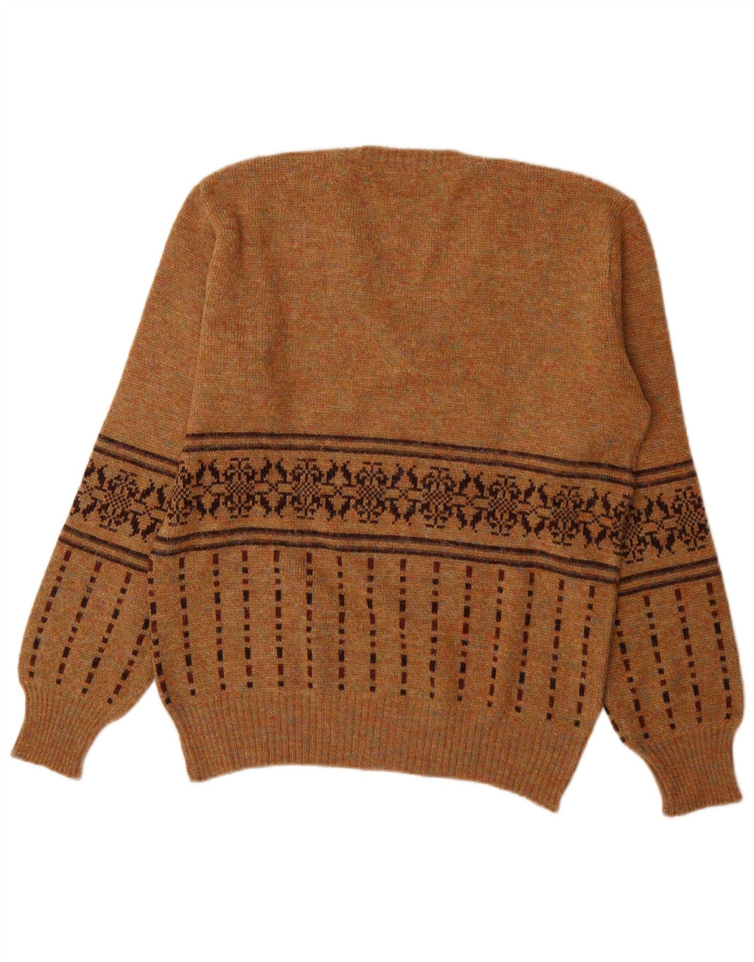 Vintage Mens V-Neck Jumper Sweater Medium Brown Fair Isle Acrylic