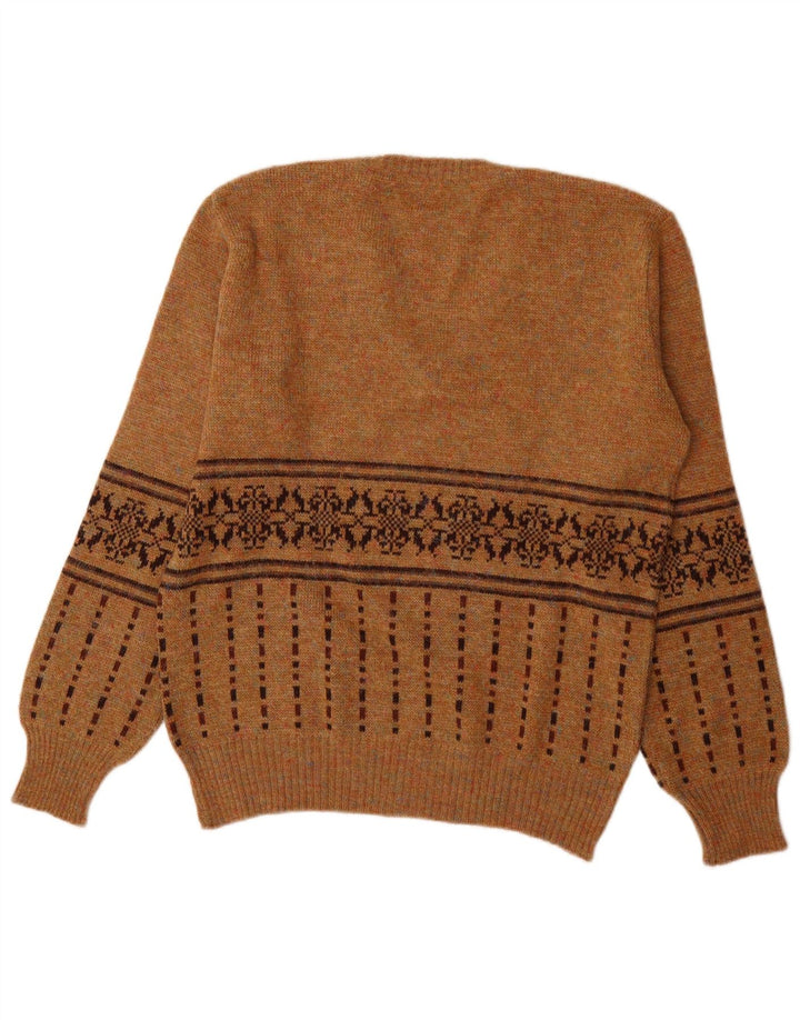 Vintage Mens V-Neck Jumper Sweater Medium Brown Fair Isle Acrylic