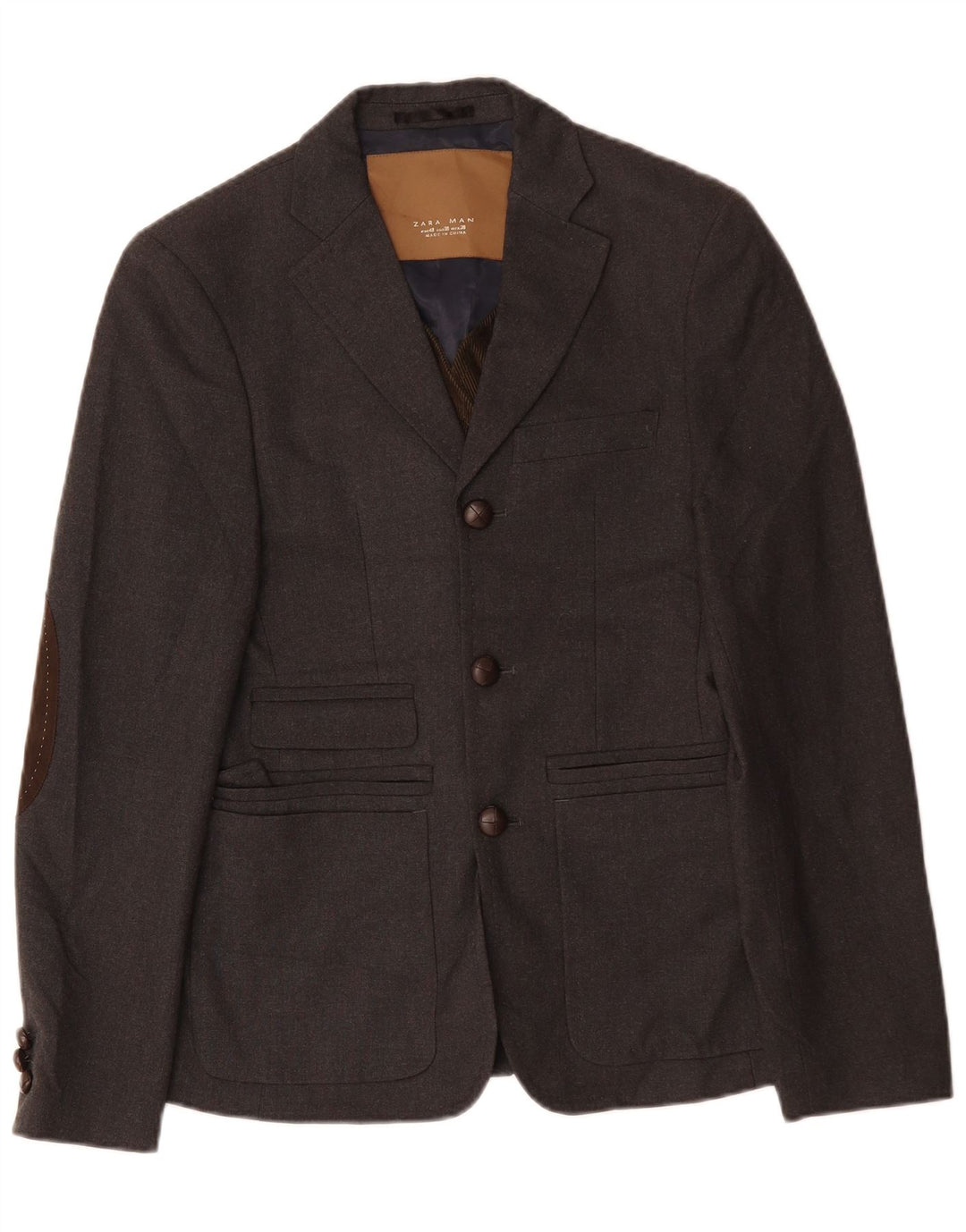 ZARA Herren-Blazerjacke mit 3 Knöpfen, EU 48, mittelgraues Polyester