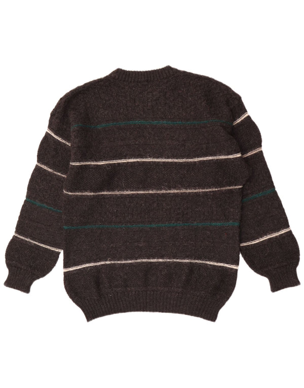 Vintage męski sweter z wycięciem pod szyją, średniej szarej wełny w paski