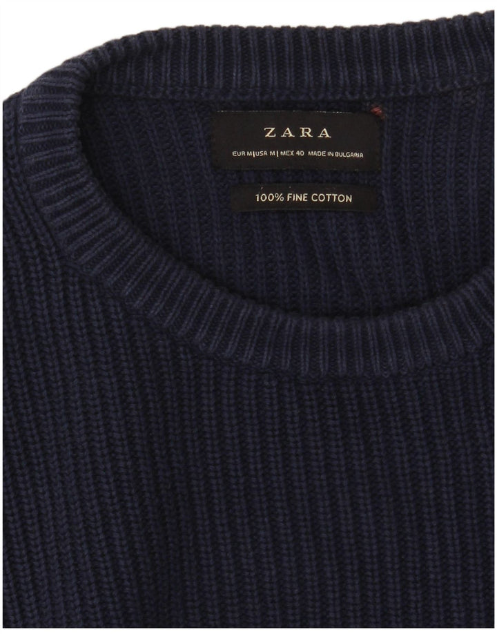 ZARA Mens Crew Neck Jumper Sweater Medium Navy Blue Cotton