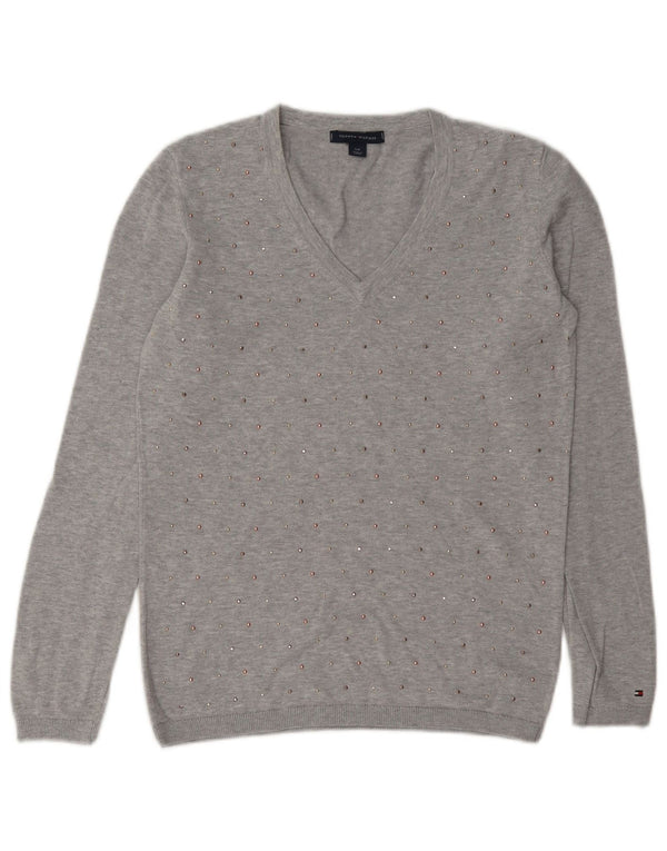 Tommy Hilfiger Womens V-Neck Jumper Sweater UK 10 Small Grey Flecked