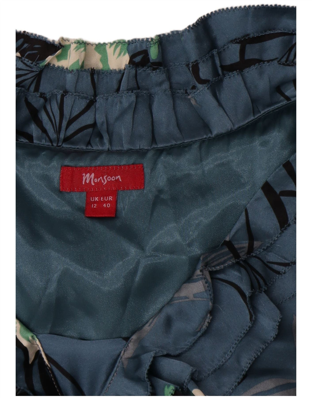 Monsoon Womens Ruffle Front A-Line Dress UK 12 Medium Blue Floral Silk