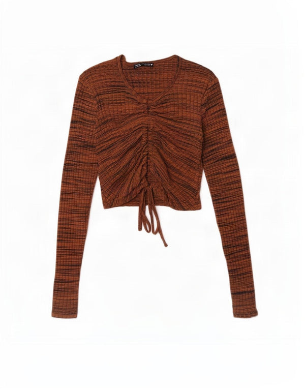 Zara Womens Crop Top Langærmet UK 8 Lille brun stribet bomuld