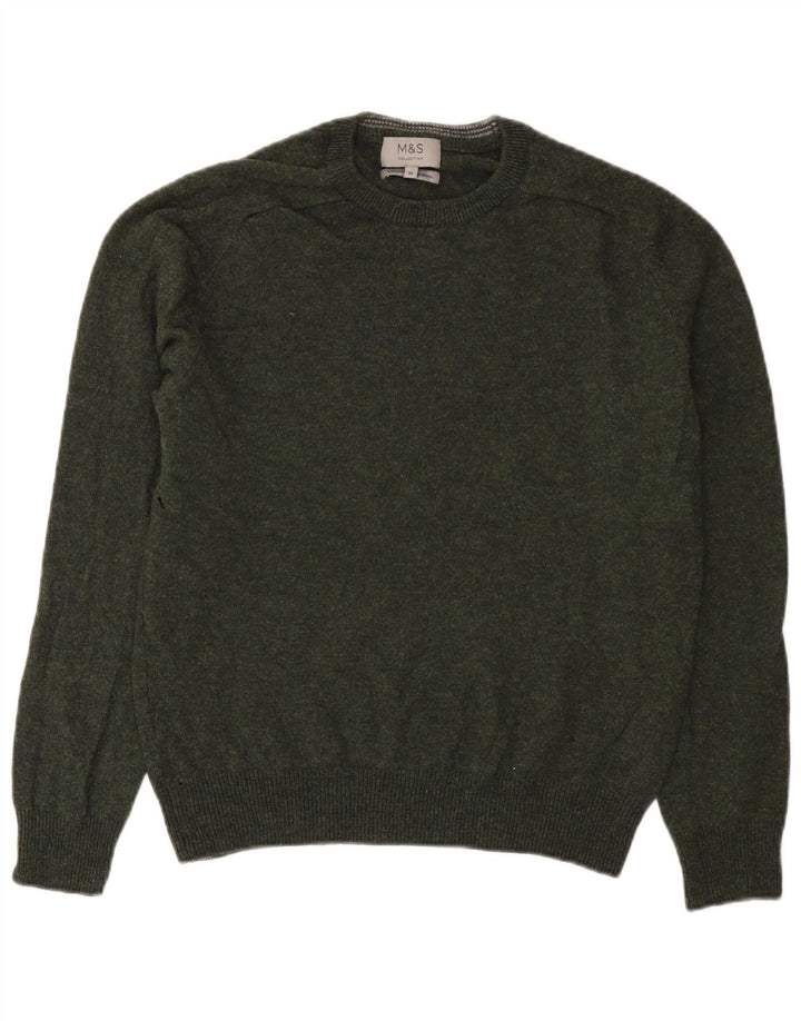 Suéter masculino Marks & Spencer com gola redonda, lã verde médio