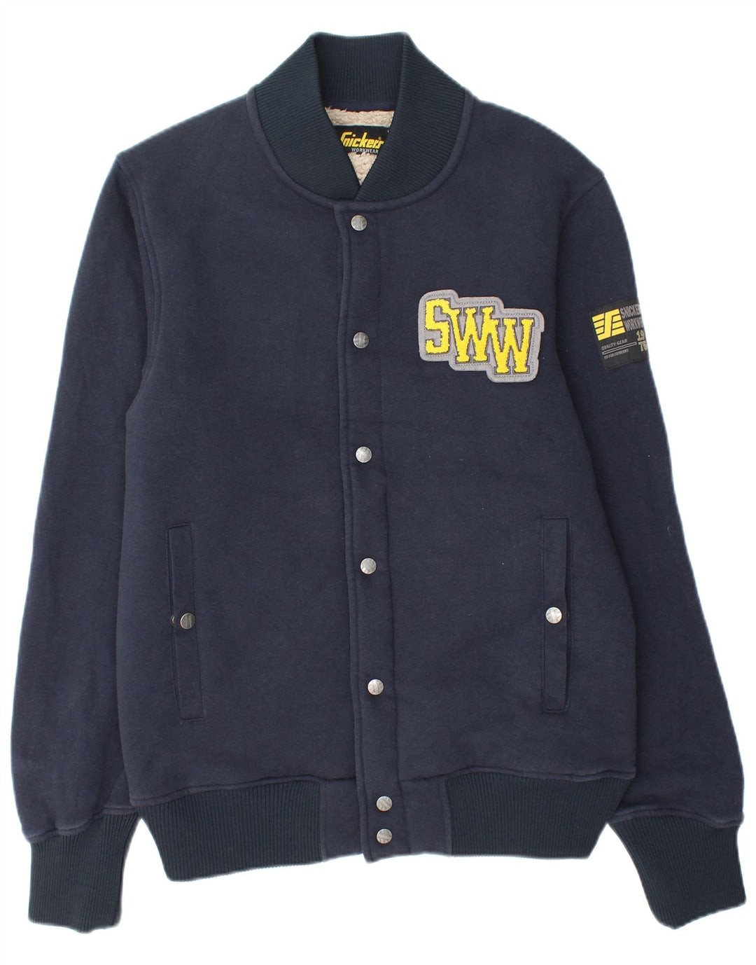 SNICKERS Mens Workwear Sherpa Varsity Jacket UK 38 Medium Navy Blue Cotton