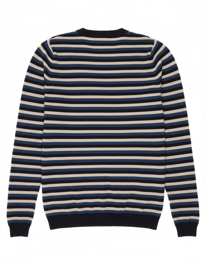 Lacoste Womens V-Neck Jumper Sweater Size 38 Medium Navy Blue Striped Wool