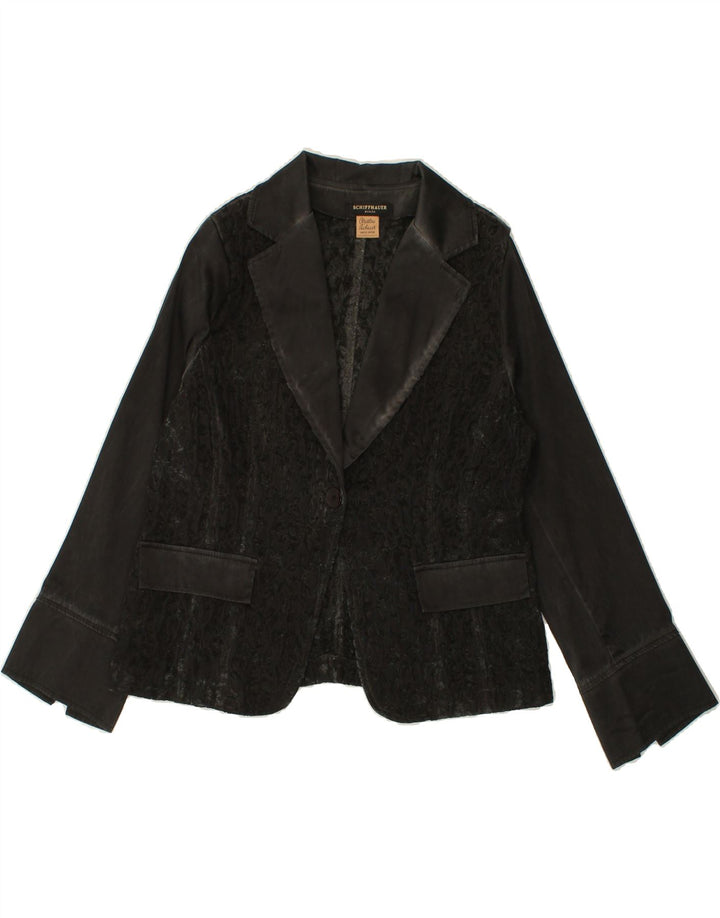 SCHIFFHAUER MUNICH Womens 1 Button Blazer Jacket UK 14 Medium Black Floral Vintage SCHIFFHAUER MUNICH and Second-Hand SCHIFFHAUER MUNICH from Messina Hembry 