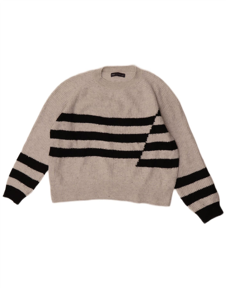 Marks & Spencer Damen Pullover mit Rundhalsausschnitt, UK 14, Mittelgrau gestreift