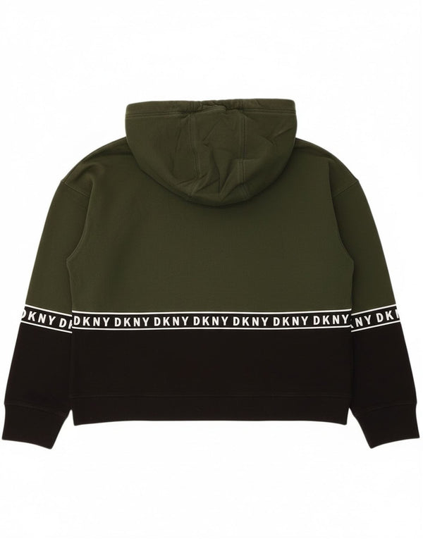 Dkny Womens Graphic Hoodie Jumper UK 14 Medium Green Colourblock Cotton