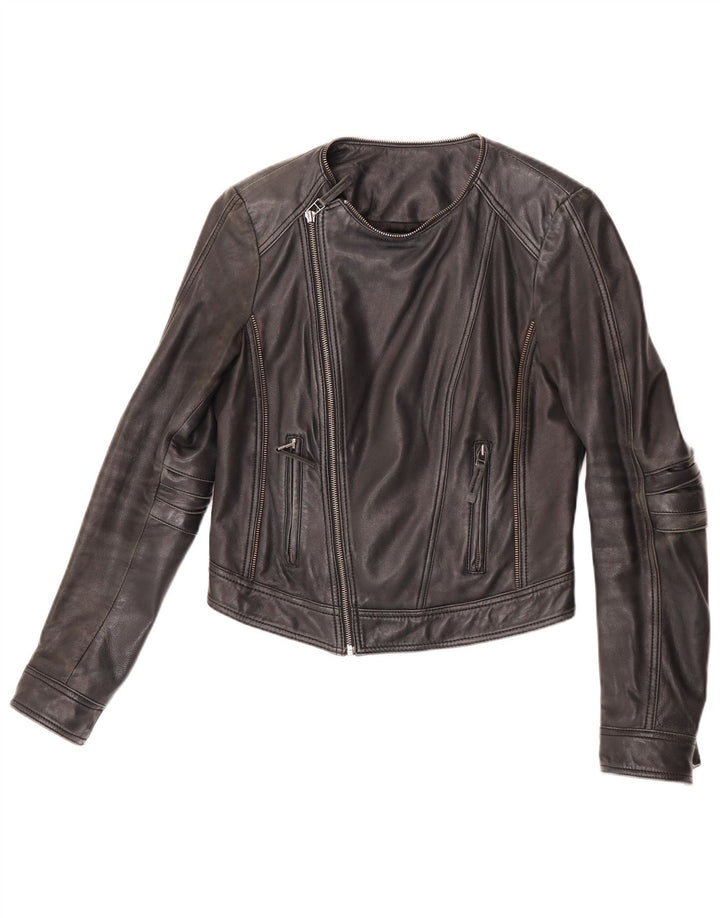 Max Womens Crop Biker Læderjakke UK 12 Medium Sort Læder