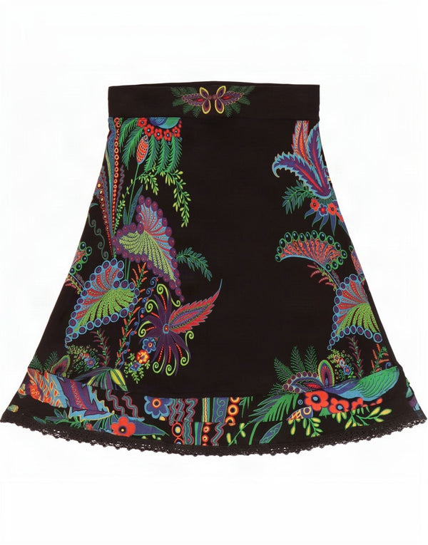Desigual Womens Graphic A-Line Skirt Medium W30 Black Floral Viscose