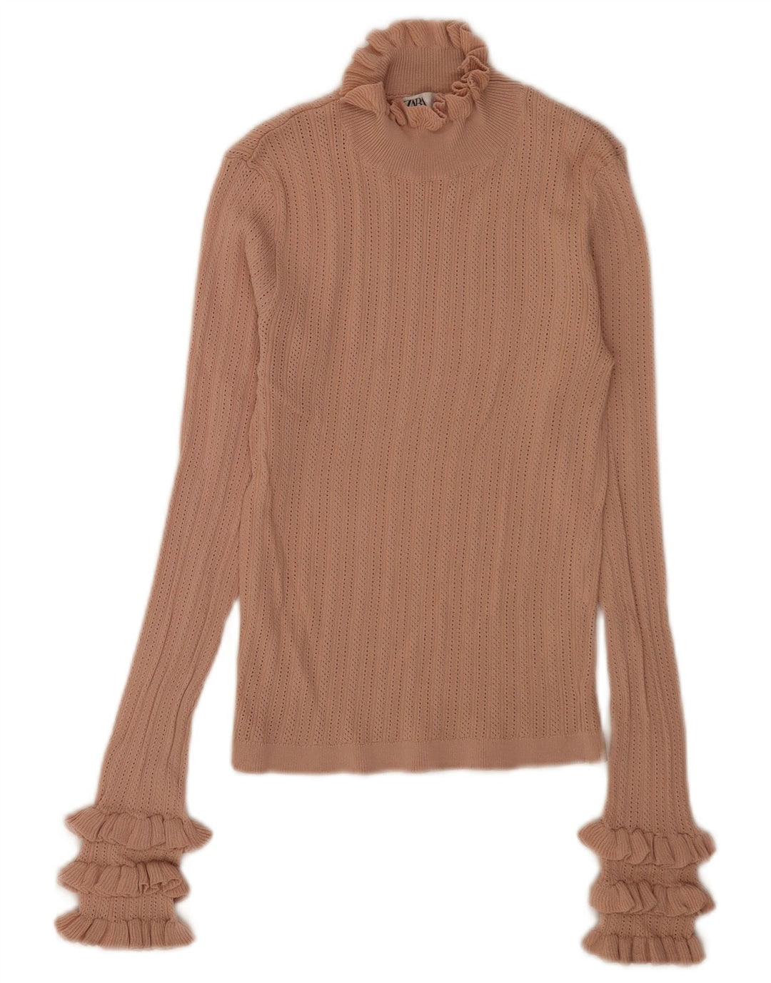 Zara Womens Crop Top Long Sleeve UK 10 Small Beige Viscose