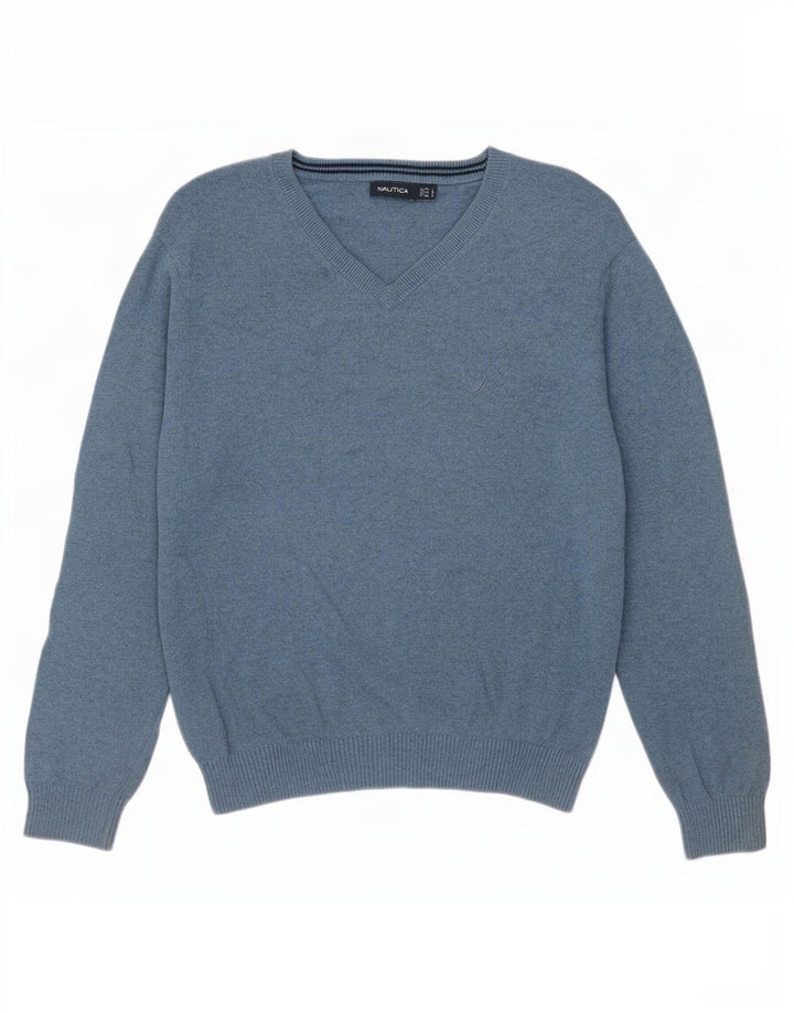 Nautica Mens V-Neck Jumper Sweater Large Blue Cotton