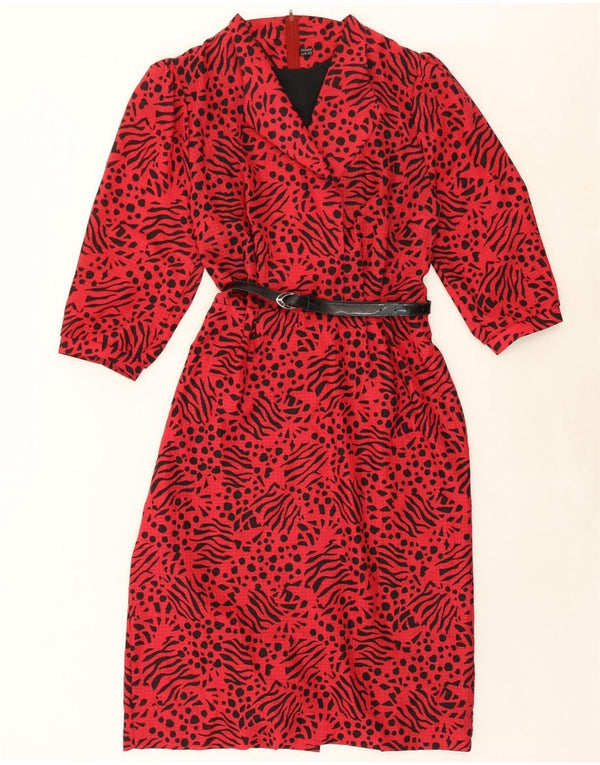 VINTAGE Womens 3/4 Sleeve A-Line Dress UK 20 2XL Red Animal Print Acetate