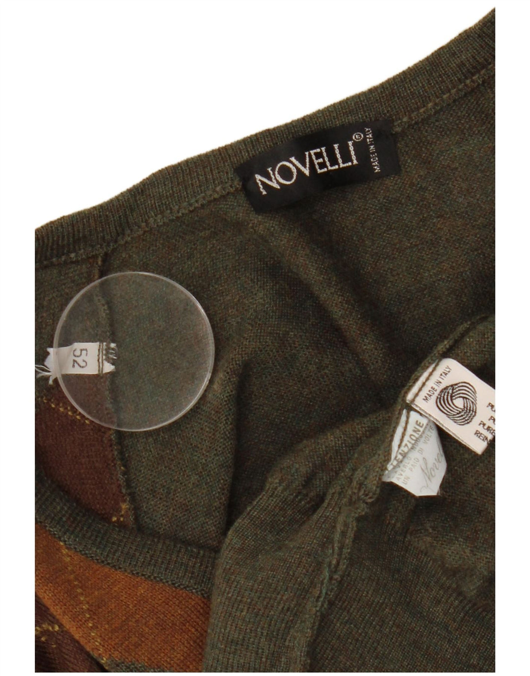 NOVELLI  Mens V-Neck Jumper Sweater IT 52 Large Khaki Argyle/Diamond Wool