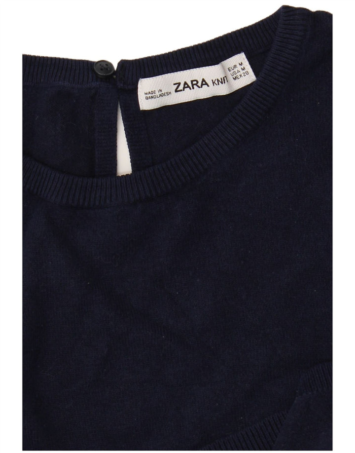 Zara Womens Crop Crew Neck Jumper Sweater UK 12 Medium Navy Blue