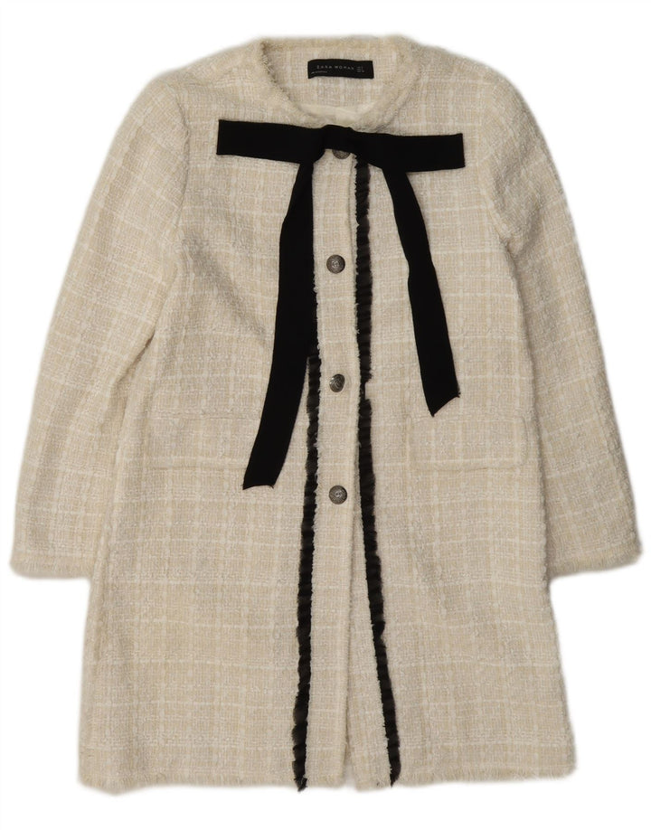 Zara Veste blazer longue à 3 boutons pour femme UK 12 en coton à carreaux blanc moyen