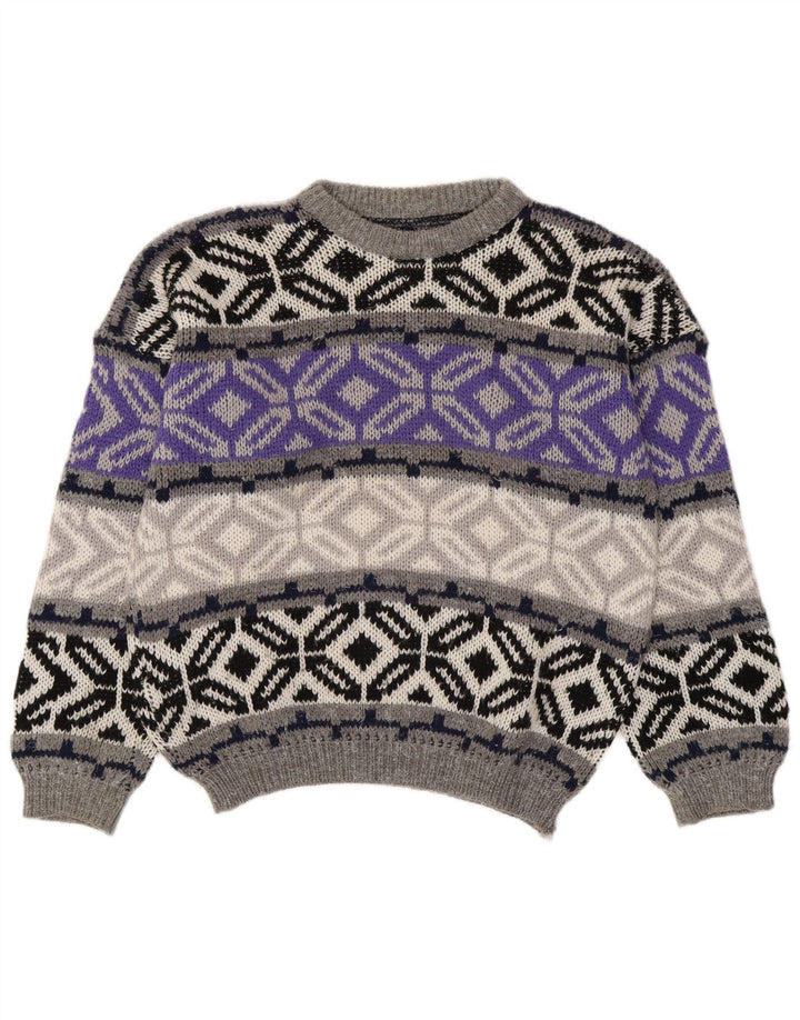 Vintage Mens Crew Neck Jumper Sweater Small Grey Fair Isle