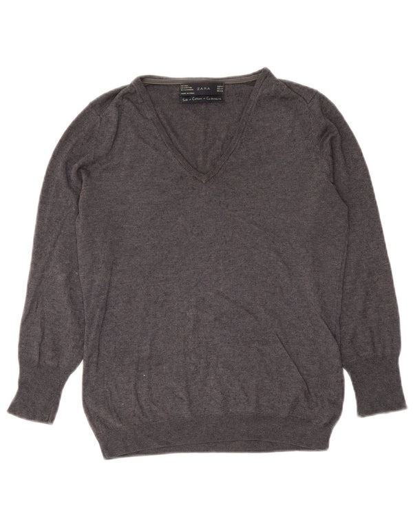 Zara Womens V-Neck Jumper Sweater UK 12 Medium Grey Silk