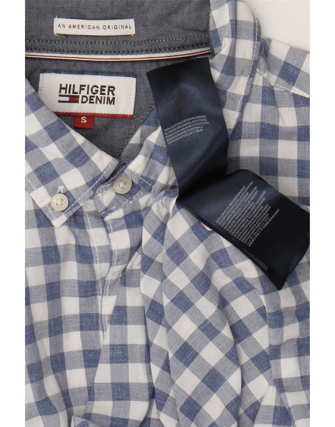 Camisa masculina Tommy Hilfiger pequena azul algodão guingão
