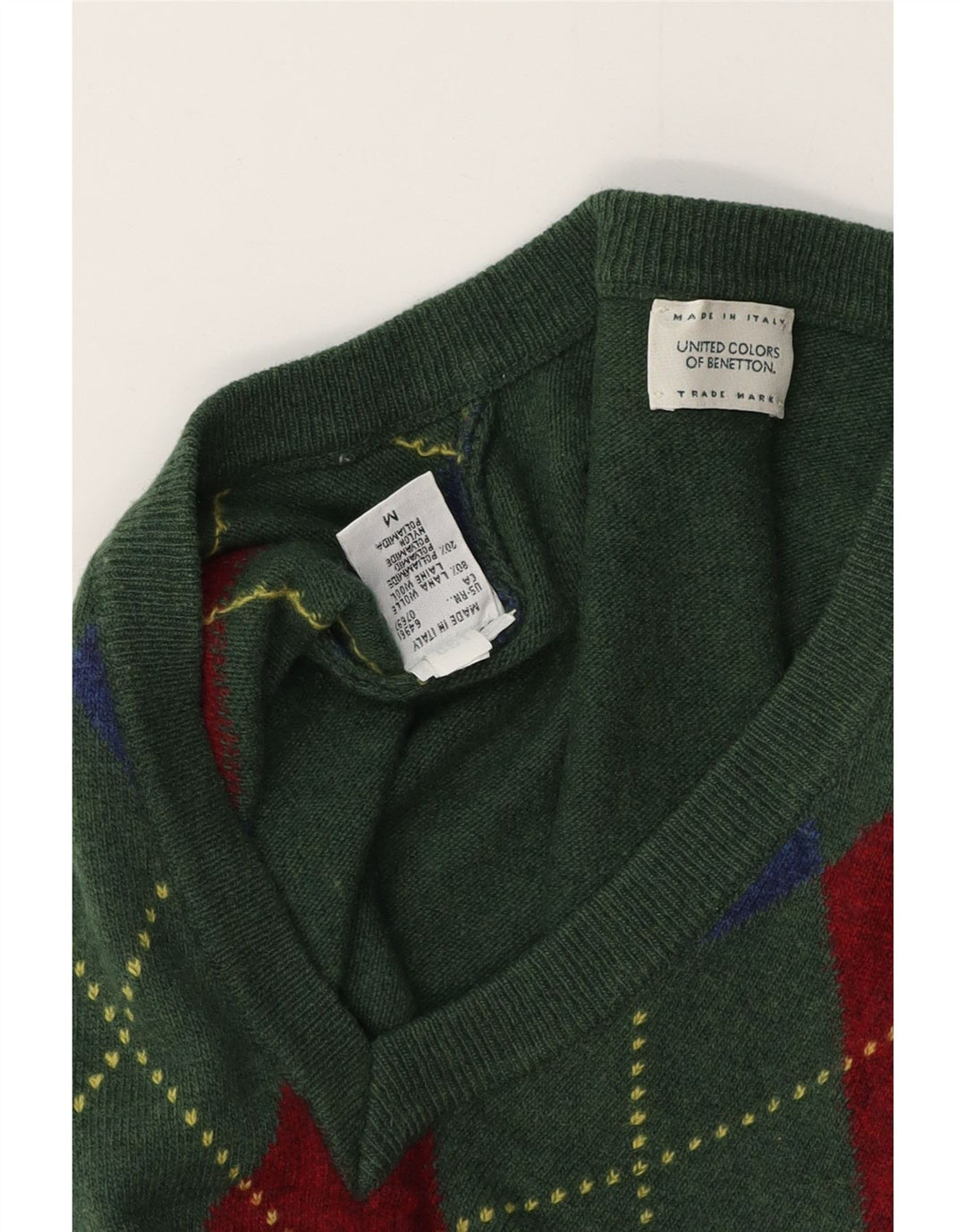 BENETTON Maglione da uomo con scollo a V verde medio a rombi/lana diamante