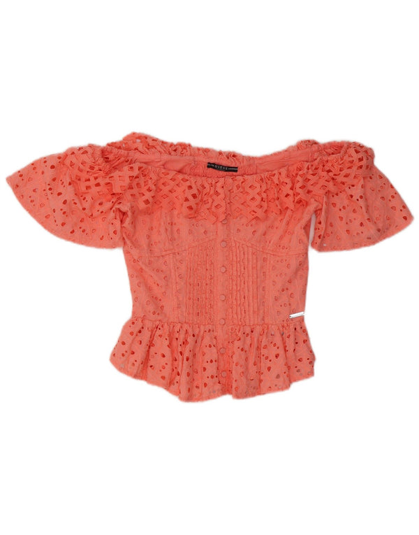 Guess Womens Crop Off Shoulder Top UK 4 XS Pink Cotton