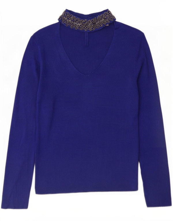 Oasis Dame Langærmet Bluse Top UK 14 Large Navy Blue Viscose