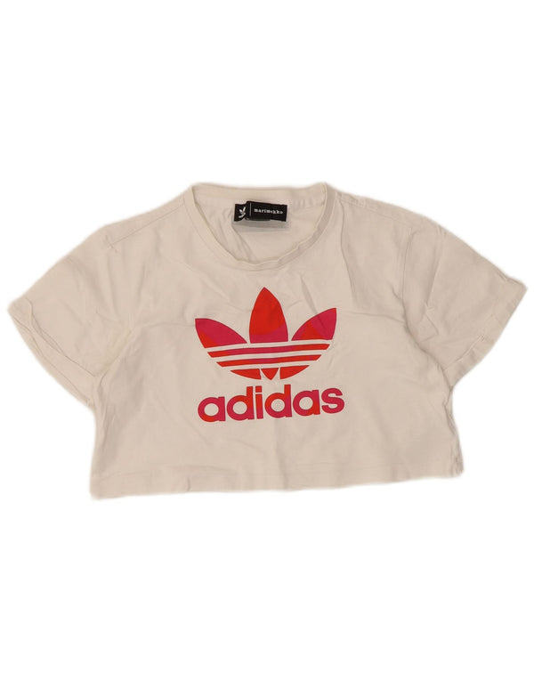 Adidas Damen Crop Graphic T-Shirt Top UK 6 XS Weiße Baumwolle