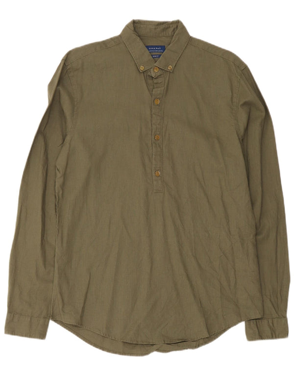 Zara Mens Slim Fit Pullover Shirt Medium Khaki Linen