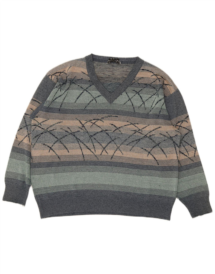 Vintage Mens V-Neck Jumper Sweater XL Multicoloured Striped