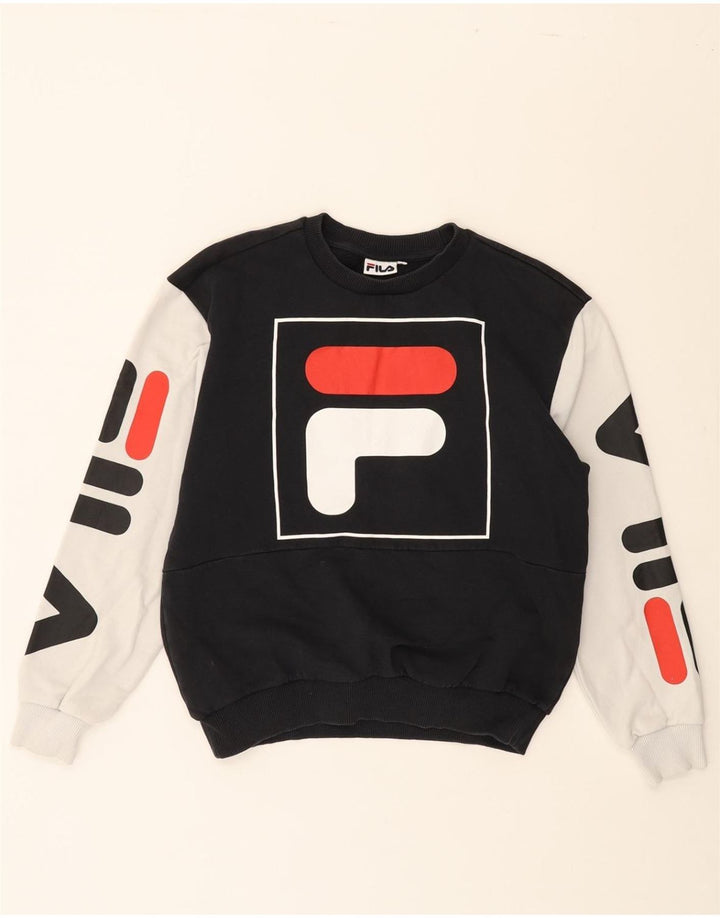FILA Womens Graphic Sweatshirt Jumper UK 10 Small Black Colourblock Vintage Fila and Second-Hand Fila from Messina Hembry 