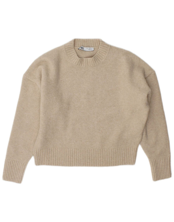 Zara Womens Crop Oversize Crew Neck Jumper Pull UK 6 XS Beige Acrylique