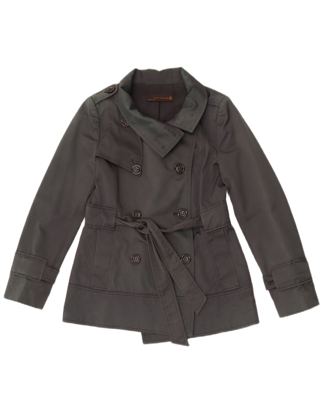 Zara Damen Kurzer zweireihiger Trenchcoat UK 14 Mittelgraue Baumwolle
