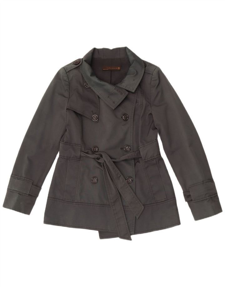Zara Damen Kurzer zweireihiger Trenchcoat UK 14 Mittelgraue Baumwolle