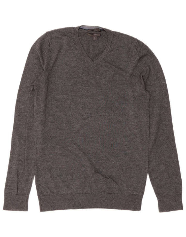 MARKS & SPENCER Mens V-Neck Jumper Sweater Small Grey Merino Wool
