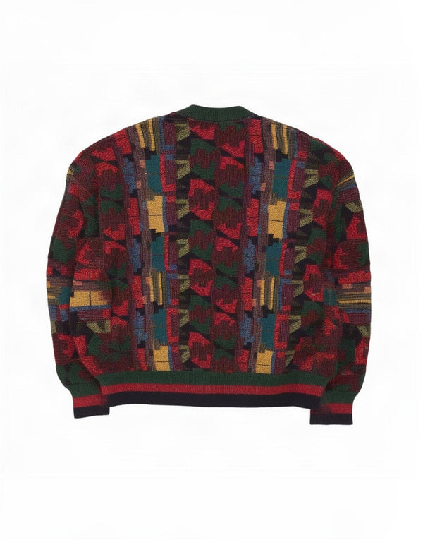 Vintage Mens V-Neck Jumper Sweater Medium Multicoloured Geometric Acrylic