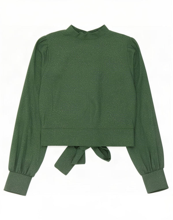 vintage Womens Crop Shirt Blouse UK 10 Petit Polyester Vert
