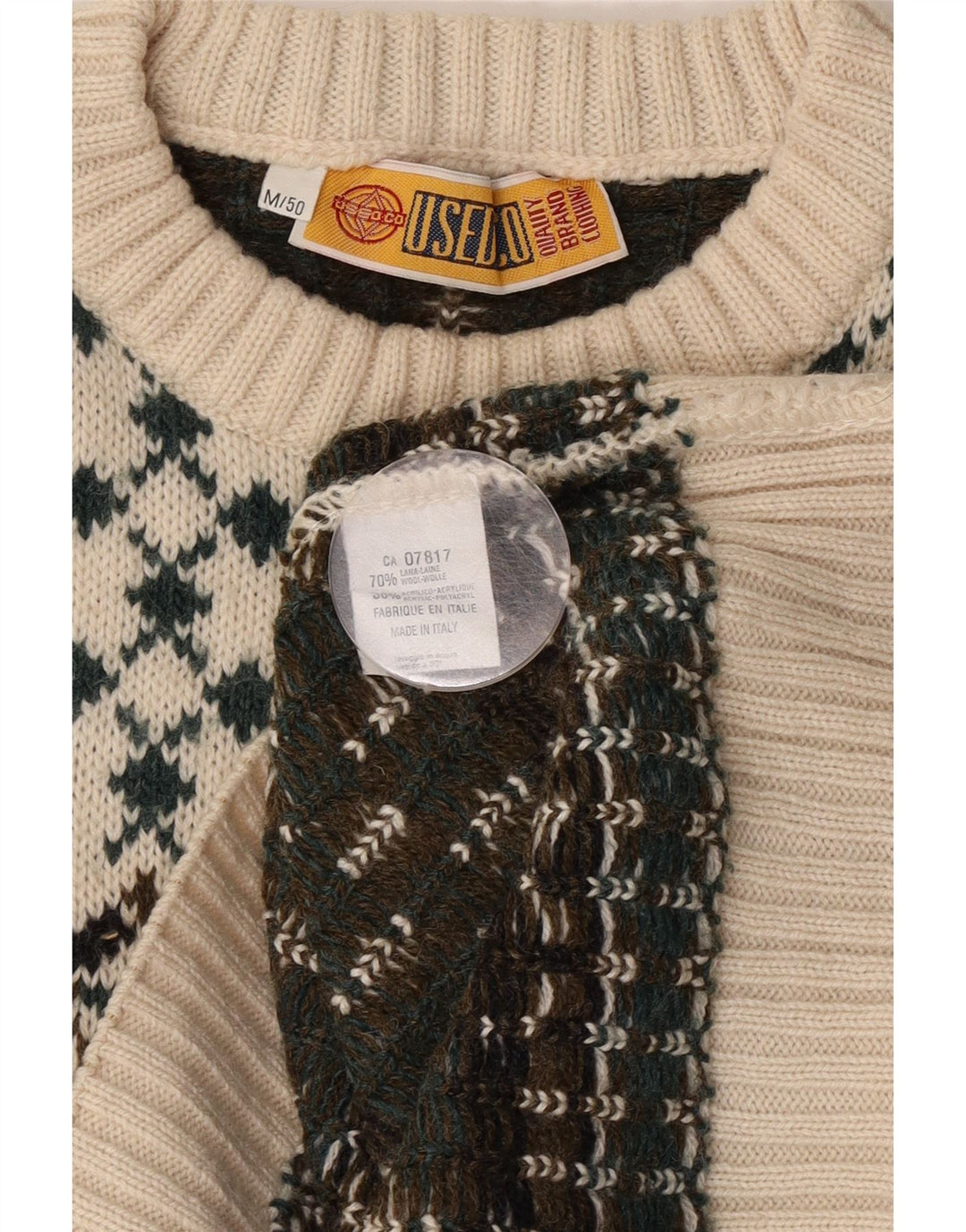 Vintage Mens Crew Neck Jumper Sweater IT 50 Medium White Fair Isle Wool
