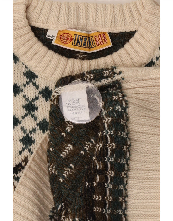 Vintage Mens Crew Neck Jumper Sweater IT 50 Medium White Fair Isle Wool