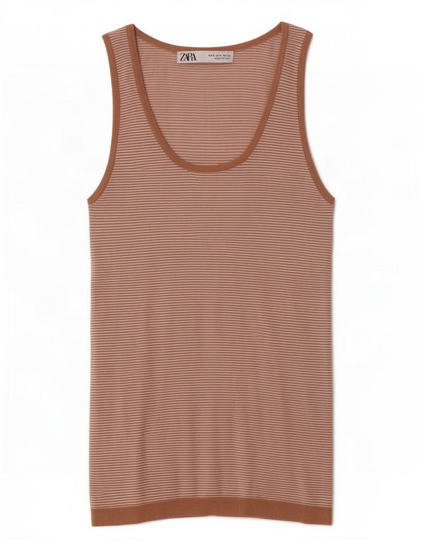 Zara Womens Vest Top UK 8 Small Brown Pinstripe Viscose