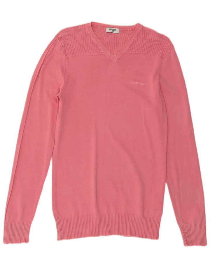 MOSCHINO Mens V-Neck Jumper Sweater Small Pink Cotton