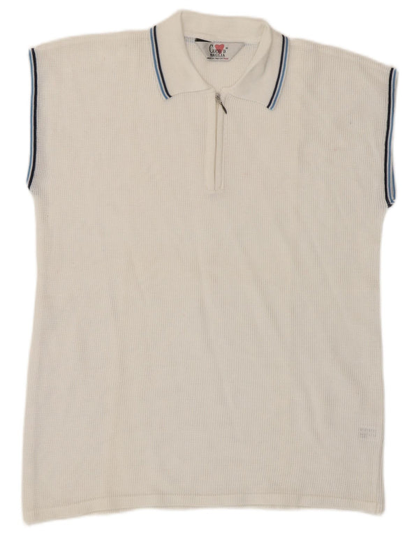 Vintage kvinders ærmeløs gennemsigtig polo shirt UK 14 Medium hvid bomuld