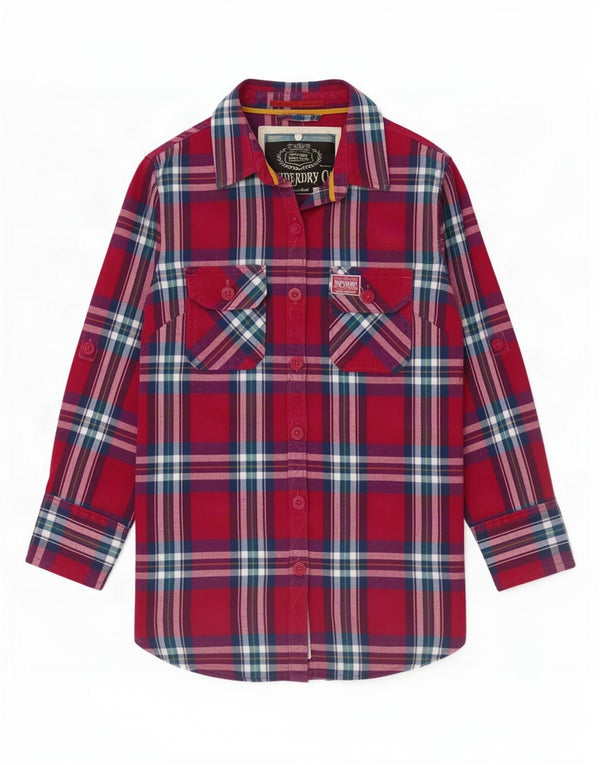 Camicia da donna in flanella con maniche a 3/4 Superdry UK 10 piccolo cotone scozzese rosa