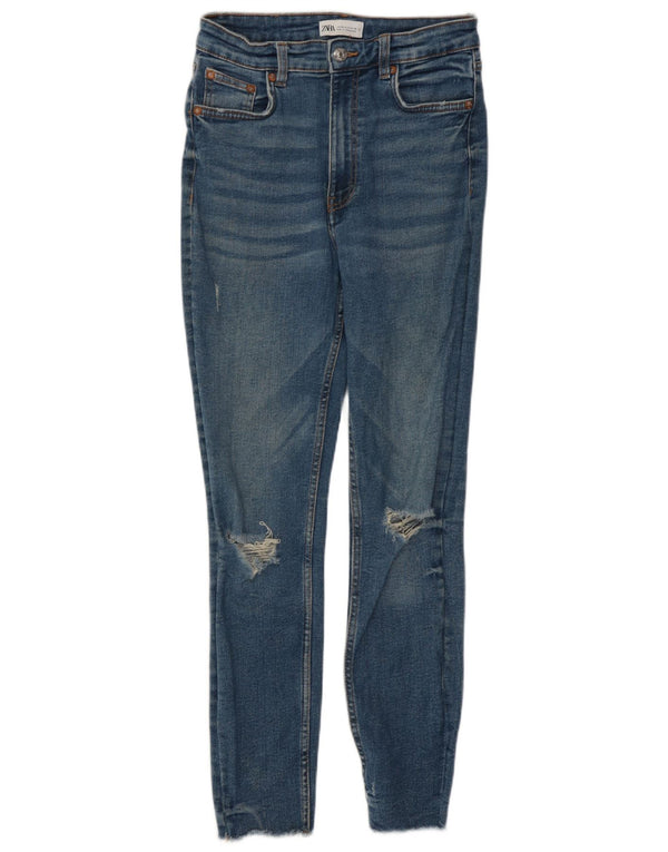Zara Womens High Waist Distressed Skinny Jeans EU 38 Small W28 L27 Blue